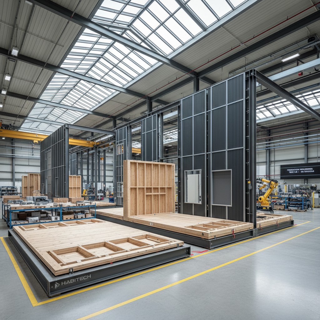 Large open warehouse with factory equipment, including large panels and robotic arm. A yellow robotic arm can be seen in t...