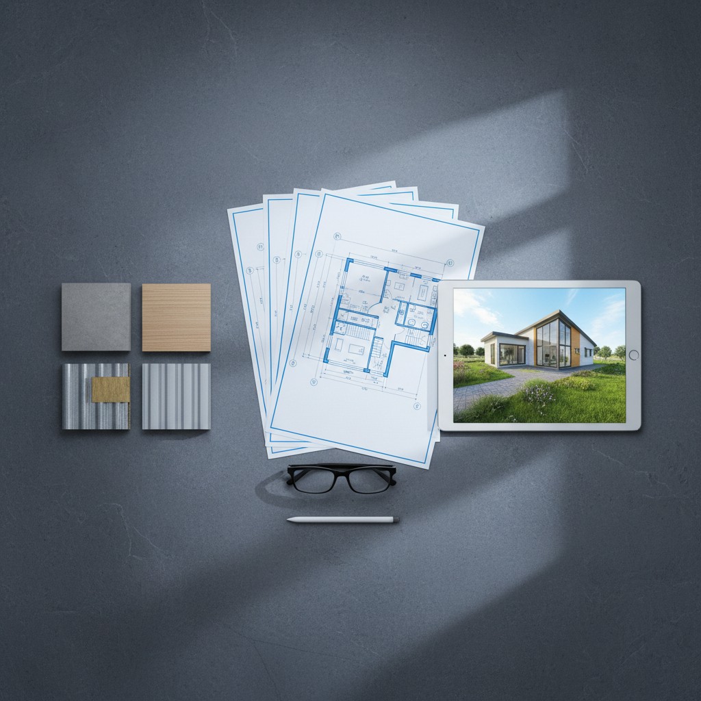 House blueprint, architectural plans, color swatches and house render on an iPad.