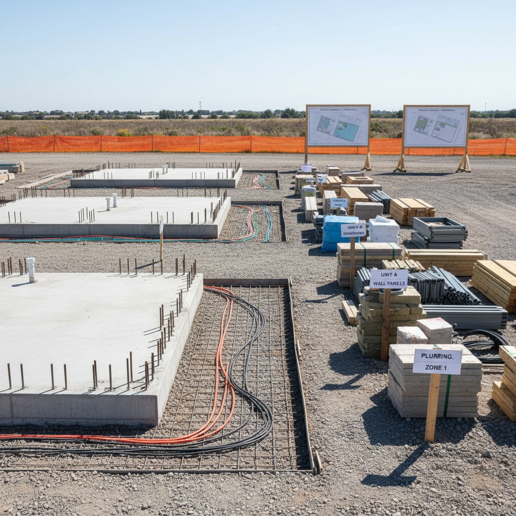 Construction site with concrete slabs and rebar, marked for plumbing.