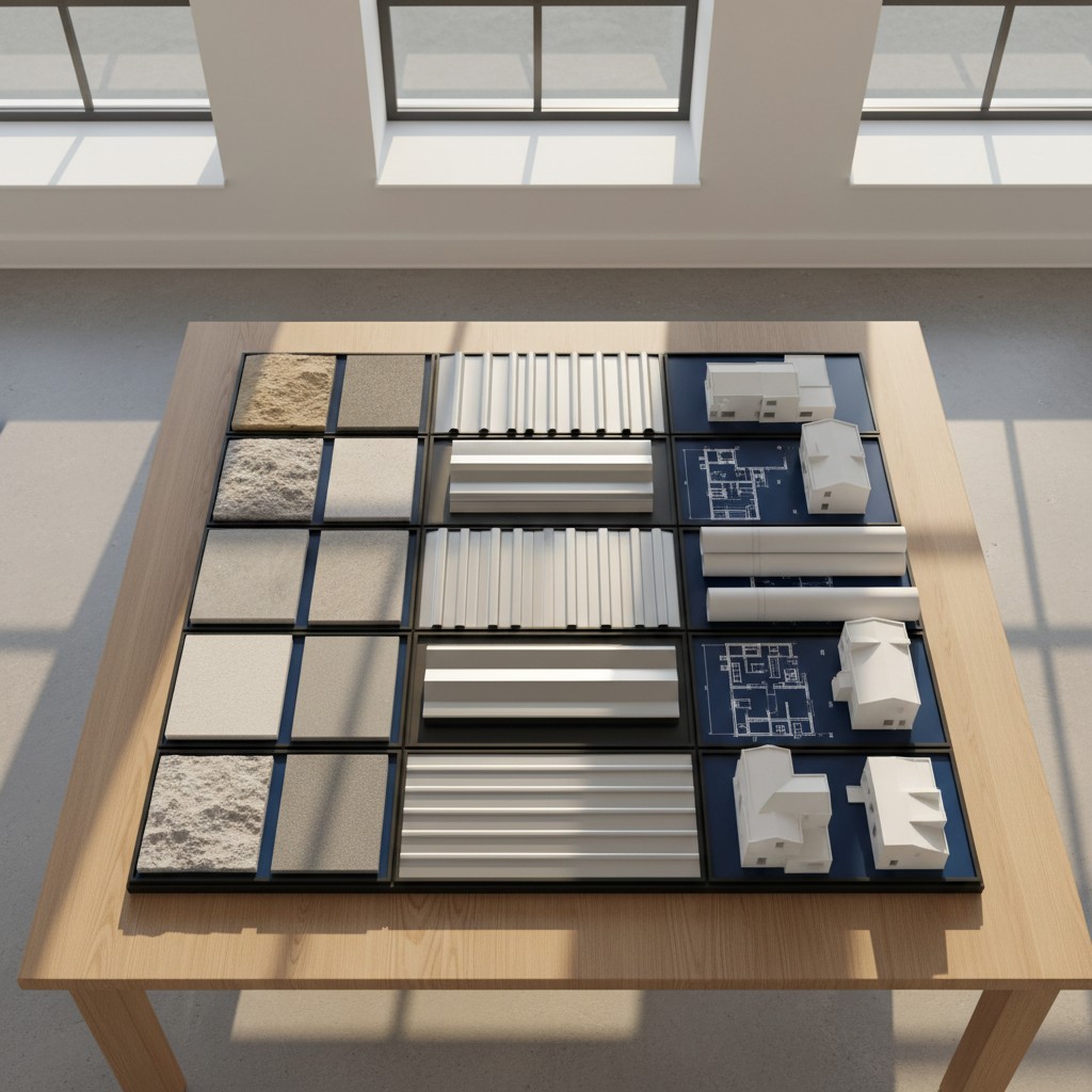 A light-colored wooden rectangular table features a unique display of various materials and models, showcasing a range of ...