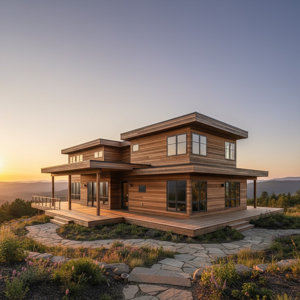 A modern wood cabin situated atop a mountain, beautiful sunset in the background, clear sky, stone pathway leading to the ...