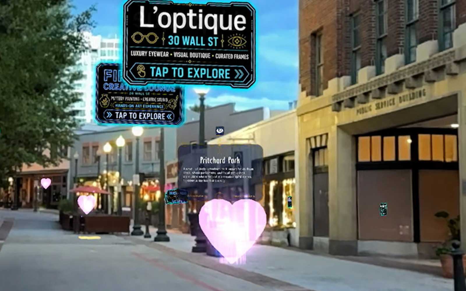 Local business entrance with custom AR Asheville welcome hologram marker