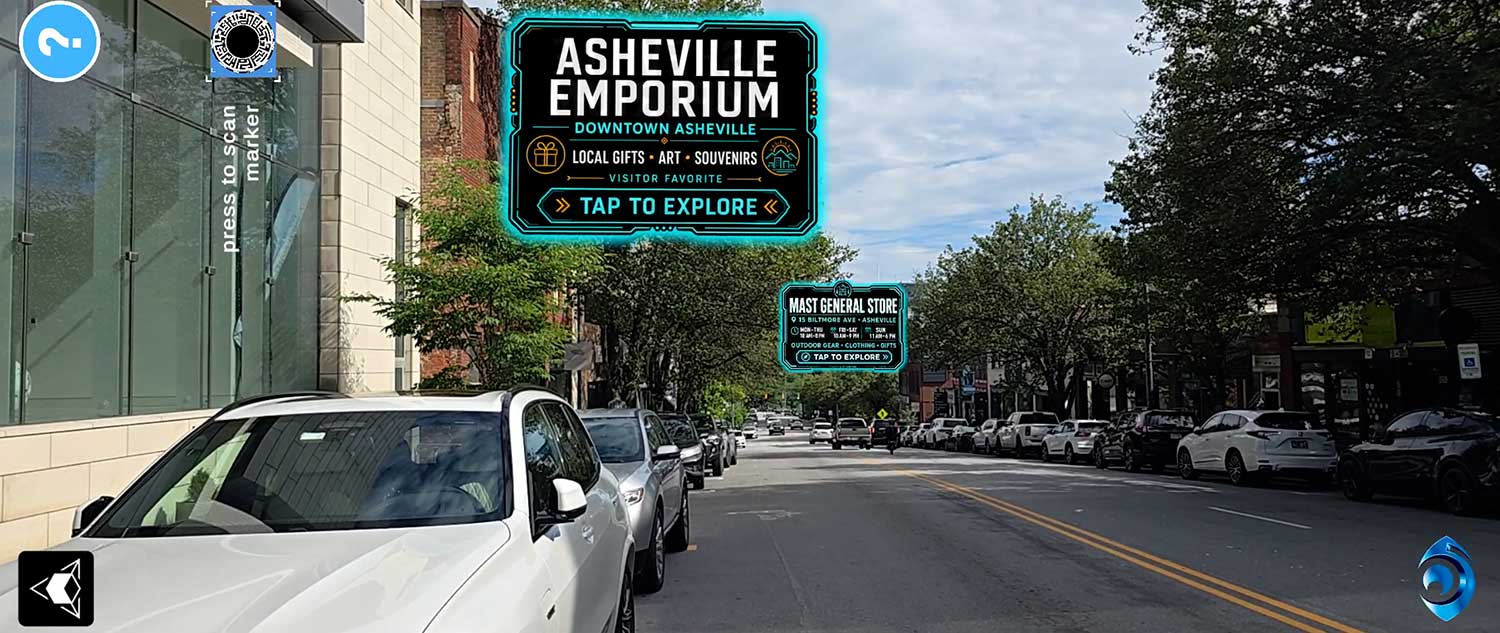 Interactive city map layer showing stories, art, and discovery stops across Asheville